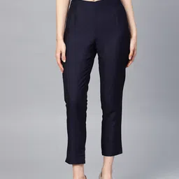 W Women Navy Blue Slim Fit Cropped Trousers-image-41