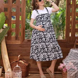 EASY MOM Women Floral Print Gathered or Pleated Maternity Fit & Flare Midi Dress-image-58