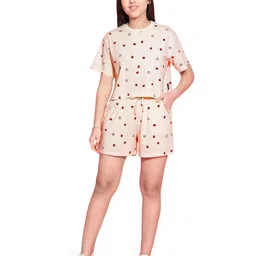 Lil Tomatoes Half Sleeves Mushroom Printed Cotton Jersey Knit Night Suit  -  Cream-image-51