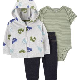 Carter's Baby Car 3-Piece Fleece Cardigan Set with Car Print - Grey & Light Green-picture-1