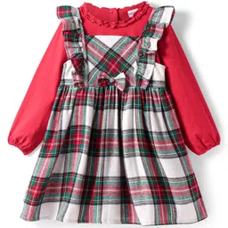 Babyhug Cotton Woven Checkered Frock With Full Sleeves Solid Colour Inner Tee - Green & Red-picture-20