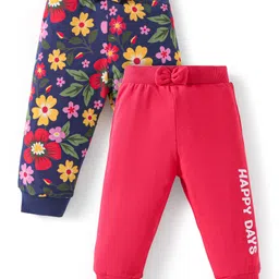 Babyhug Single Jersey Knit Full Length Lounge Pants with Floral & Text Print Pack of 2 - Navy Blue & Red-picture-35