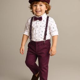 Babyhug Knit Full Sleeves Musical Printed Shirt & Trouser with Suspender Hat & Bow - Wine-picture-33