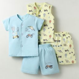 CUCUMBER Sinker Knit Half Sleeves Shorts Co-Ord Night Suits With Motorcycle Print Pack of 2 - Lemon Yellow & Mint Green-picture-2