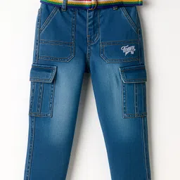 Babyhug Cotton Denim Full Length Jeans With Belt & Text Embriodery - Blue-picture-25