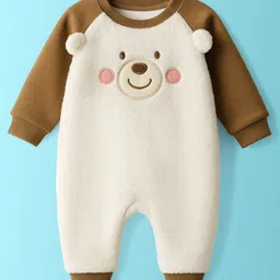 ToffyHouse Fleece Knit Full Raglan Sleeves Winter Wear Romper With Teddy Embroidery - Offwhite & Brown-picture-22