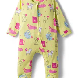Babyhug Interlock Knit Full Sleeves Sleepsuit With Cat Print - Yellow-picture-11