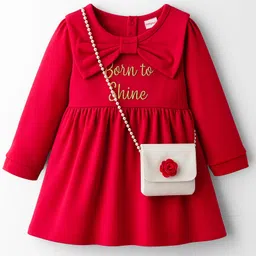 Babyhug Cotton Knit Full Sleeves Frock With Text Embroidery & Sling Bag - Red-picture-34