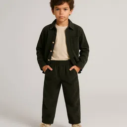 Aww Hunnie Cordoury Woven Full Sleeves Ribbed Shirt & Coordinating Trousers With Tee Set - Green-picture-10