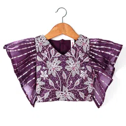 Babyhug Woven Flutter Sleeves Slik Sequined Embroidered Top & Palazzo Set with Dupatta- Wine image 2