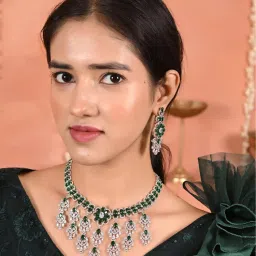 Ratnavali Jewels Silver Plated Green White American Diamond CZ Necklace with Earrings-image-64