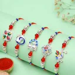 Myntra Elegant Homes Set Of 5 Silver-Plated Rakhis With Greeting Card & Roli Chawal-picture-25