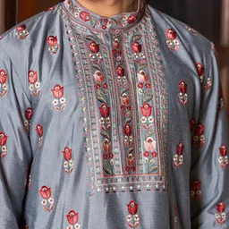 PATR Men Floral Embroidered Regular Kurta with Trousers image 5