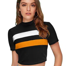 SHOPONBIT Women Horizontal Striped Round Neck Crop Fitted Top-image-36