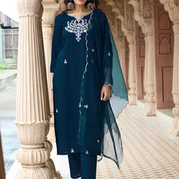 KALINI Women Ethnic Motifs Embroidered Regular Thread Work Kurta with Trousers & With Dupatta-image-9
