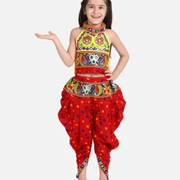 BownBee Peacock Embroidered Halter Neck Sleeveless Choli With Dhoti - Red-picture-18