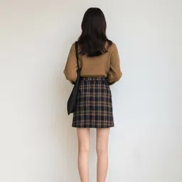 HERE&NOW Women Black & Beige Checked Midi Cotton A-Line Skirt image 5