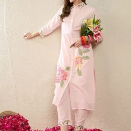 Indo Era Women Floral Embroidered Regular Thread Work Pure Cotton Kurta with Trousers-picture-39
