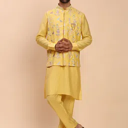 Pro-Ethic STYLE DEVELOPER Men Floral Embroidered Regular Pure Silk Kurta with Trousers-picture-30