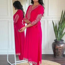 Lookmark Floral Yoke Design V-Neck Thread Work Straight Kurta With Trousers & Dupatta image 2