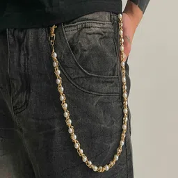 AQUASTREET Men Gold Plated Anti-Tarnish Twisted White Pearl Pant Chain image 1