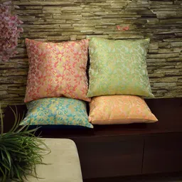 RoyalDeco Bageecha Coral 4 Pieces Ethnic Motifs Brocade Silk Square Cushion Covers image 4