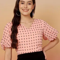AKIMIA Polka Dot Puff Sleeve Georgette Blouson Top-image-50