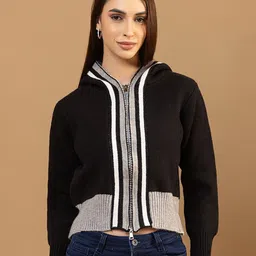 all about you Women Colourblocked Long Sleeves Woollen Hoodie-image-98