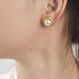 VAGHBHATT Gold-Plated Pearls Beaded Textured Rim Circular Studs image 2