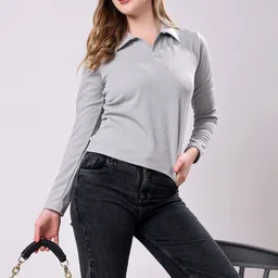 TQH Solid Ribbed Shirt Collar Regular Crop Top image 2