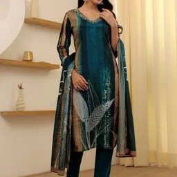 VS MALL Women Printed Regular Thread Work Kurta with Trousers & With Dupatta image 4