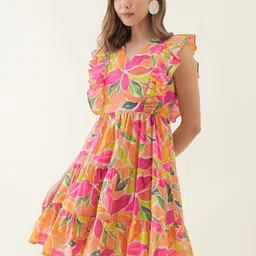 OCTICS Floral Print Georgette Fit & Flare Mini Dress image 4