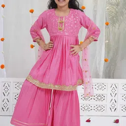 Little Bansi Girls Embroidered Pure Cotton with Chanderi Silk Kurta with Sharara & Dupatta-picture-12