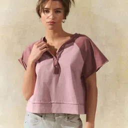 NEXT Colourblocked Henley Neck Pure Cotton Boxy Fit T-shirt-picture-29