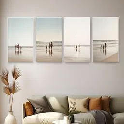 nestroots Beige & Blue 4 Pieces Heartwarming Family Beach Walk Canvas Painting Wall Arts-picture-11
