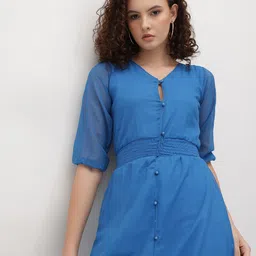 The Roadster Life Co. V-Neck Smocked Detail Puff Sleeves Georgette A-Line Dress-picture-18