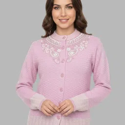 Gouri Women Embroidered Round Neck Long Sleeves Woollen Cardigan Sweaters-picture-11