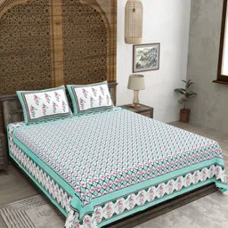 CLOTHOLOGY White & Sea Green Floral 180 TC King Bedsheet with 2 Pillow Covers-image-16