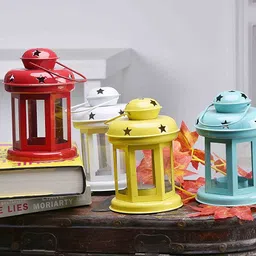 Christmas decoration lights and Lantern with Tealight Candle - Set Of 4 Red, Yellow, Blue, White Iron, Glass Hanging Lantern-image-54