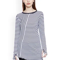 Hypernation Women White & Blue Striped Round Neck Slim Fit T-shirt-picture-33