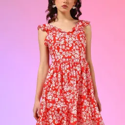 Kotty Red & White Floral Print Fit & Flare Dress-image-35