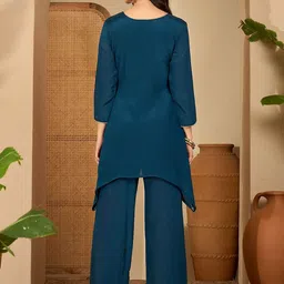 Sangria Women Ethnic Motifs Embroidered Asymmetric Sequinned Kurti with Palazzos image 3