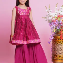 Little Bansi Girls Pink Embroidered Kurta, Sharara with Dupatta image 3