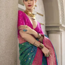 Satrani Peacock Blue & Magenta Silk Woven Saree With Unstitched Blouse image 3