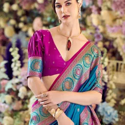 Satrani Peacock Blue & Magenta Silk Woven Saree With Unstitched Blouse image 3