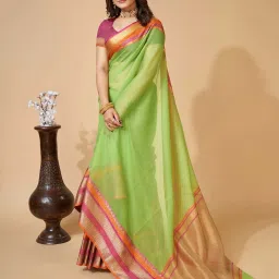 Satrani Green Woven Saree With Unstitched Blouse image 3
