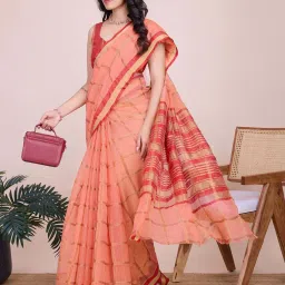 Satrani Peach Pink & Maroon Woven Saree With Unstitched Blouse image 3