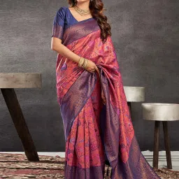 Satrani Rose Pink & Navy Blue Woven Saree With Unstitched Blouse image 3