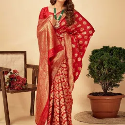 Satrani Red Woven Saree With Unstitched Blouse image 3