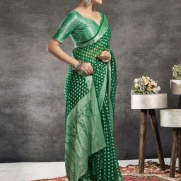 Satrani Green & Silver Woven Saree With Unstitched Blouse image 3